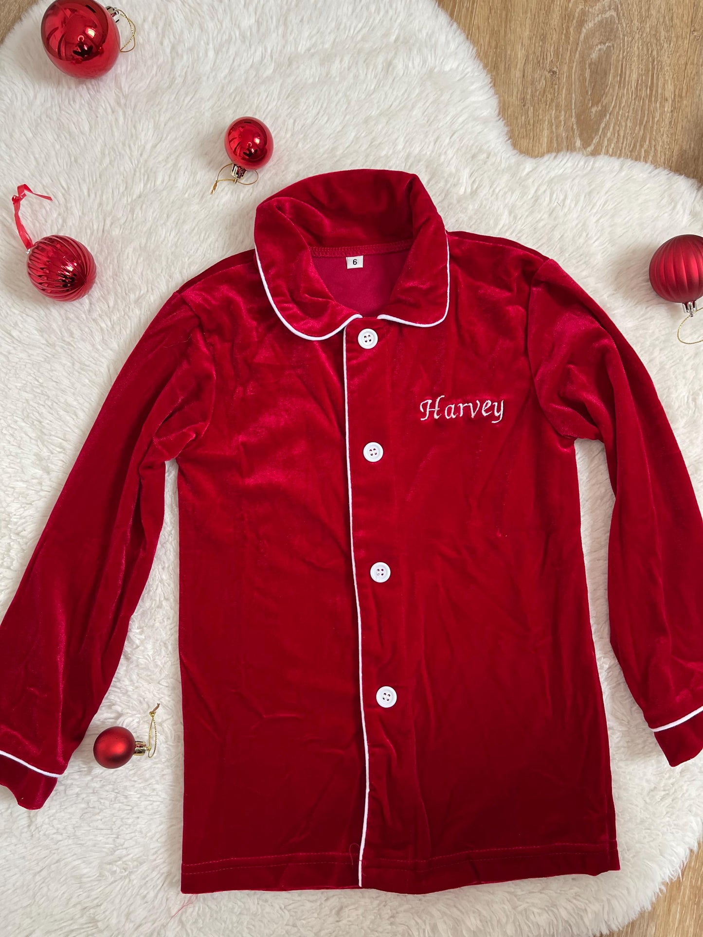 Personalized Velvet Christmas Kids Pyjamas Red Ruffle Pyjamas Set for Girls and Boys, Xmas Eve Personalized with Name Embroidery