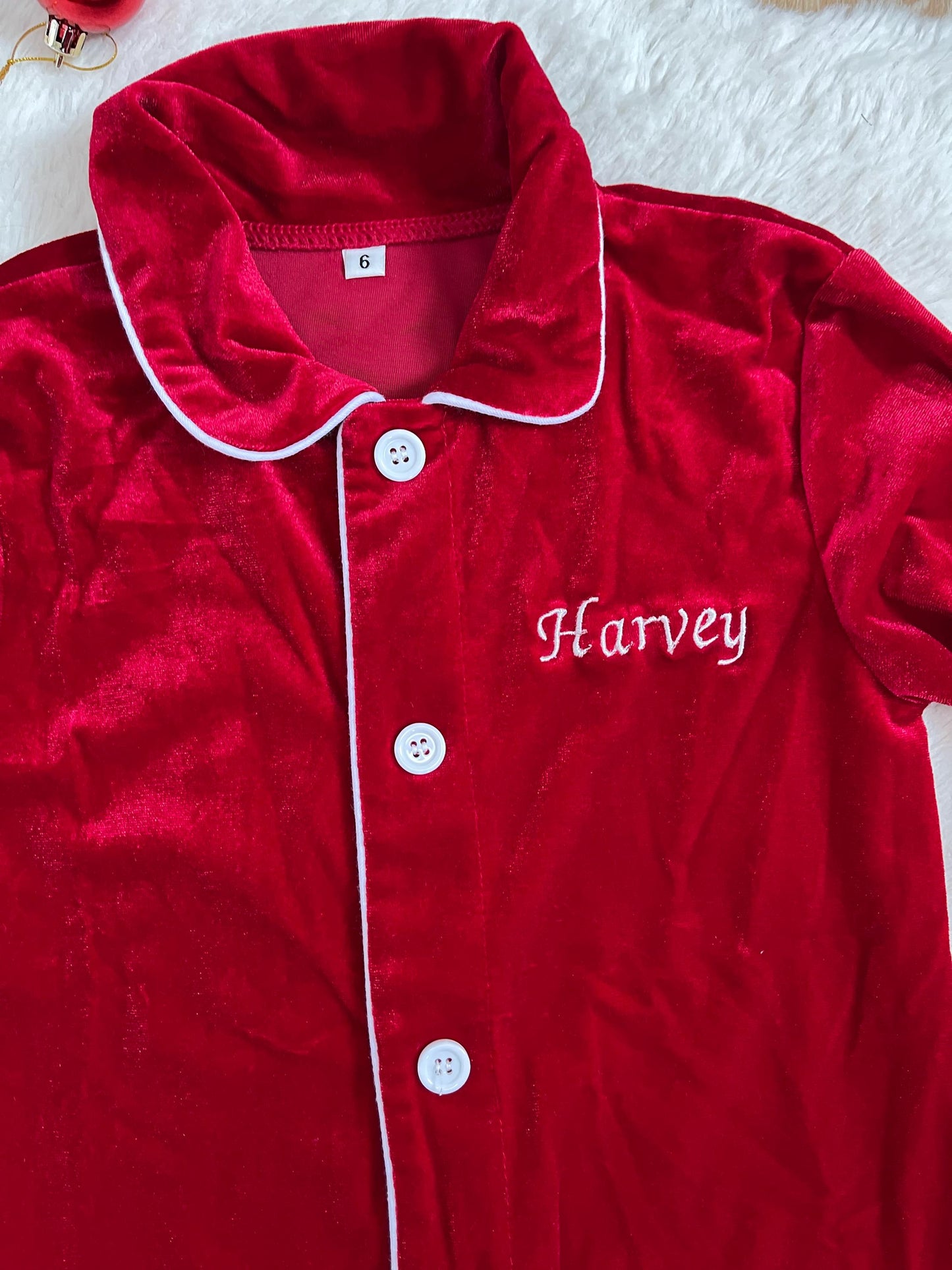 Personalized Velvet Christmas Kids Pyjamas Red Ruffle Pyjamas Set for Girls and Boys, Xmas Eve Personalized with Name Embroidery