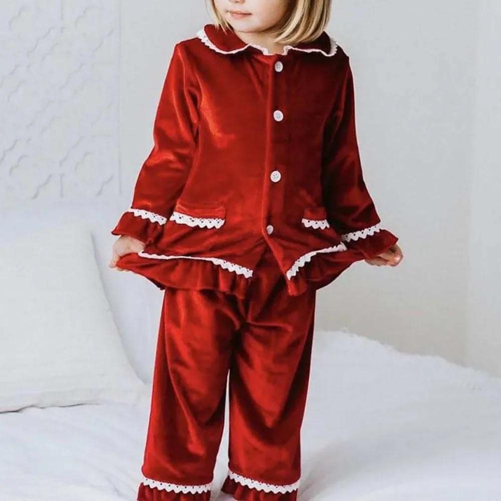 Personalized Velvet Christmas Kids Pyjamas Red Ruffle Pyjamas Set for Girls and Boys, Xmas Eve Personalized with Name Embroidery