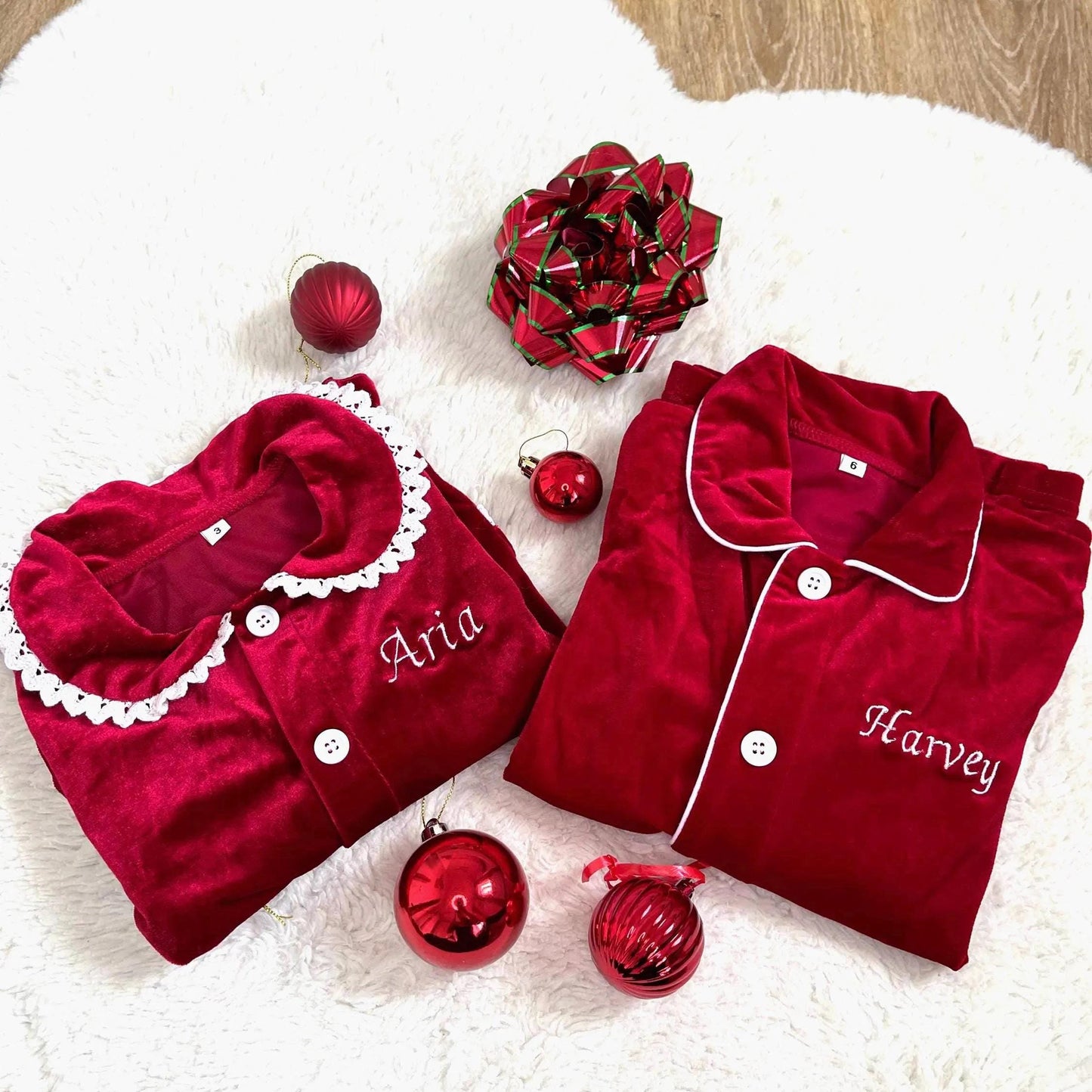 1st Christmas, Personalized Red Christmas Family Matching Outfits - Festive Ruffle Set for Girls and Boys with Name Embroidery - Perfect for Christmas Eve
