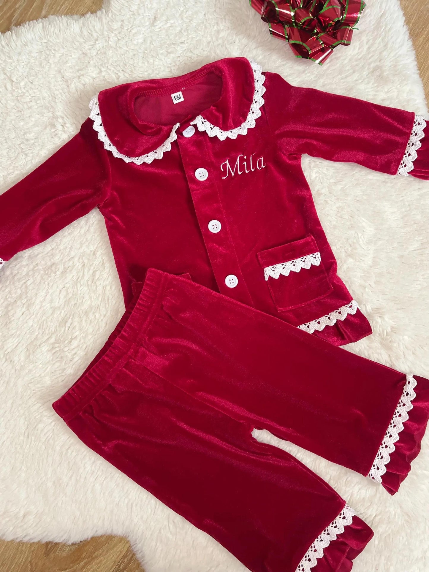 1st Christmas, Personalized Red Christmas Family Matching Outfits - Festive Ruffle Set for Girls and Boys with Name Embroidery - Perfect for Christmas Eve