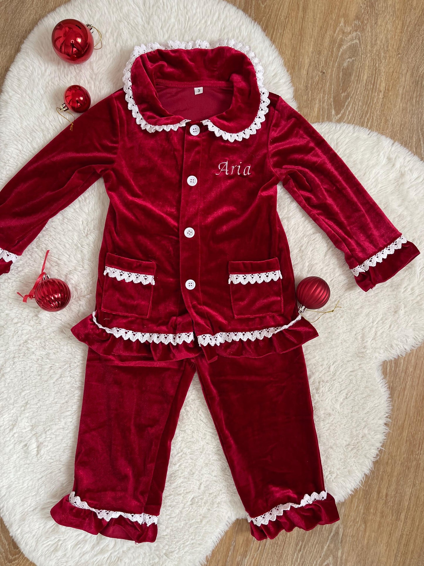 Personalized Velvet Christmas Kids Pyjamas Red Ruffle Pyjamas Set for Girls and Boys, Xmas Eve Personalized with Name Embroidery