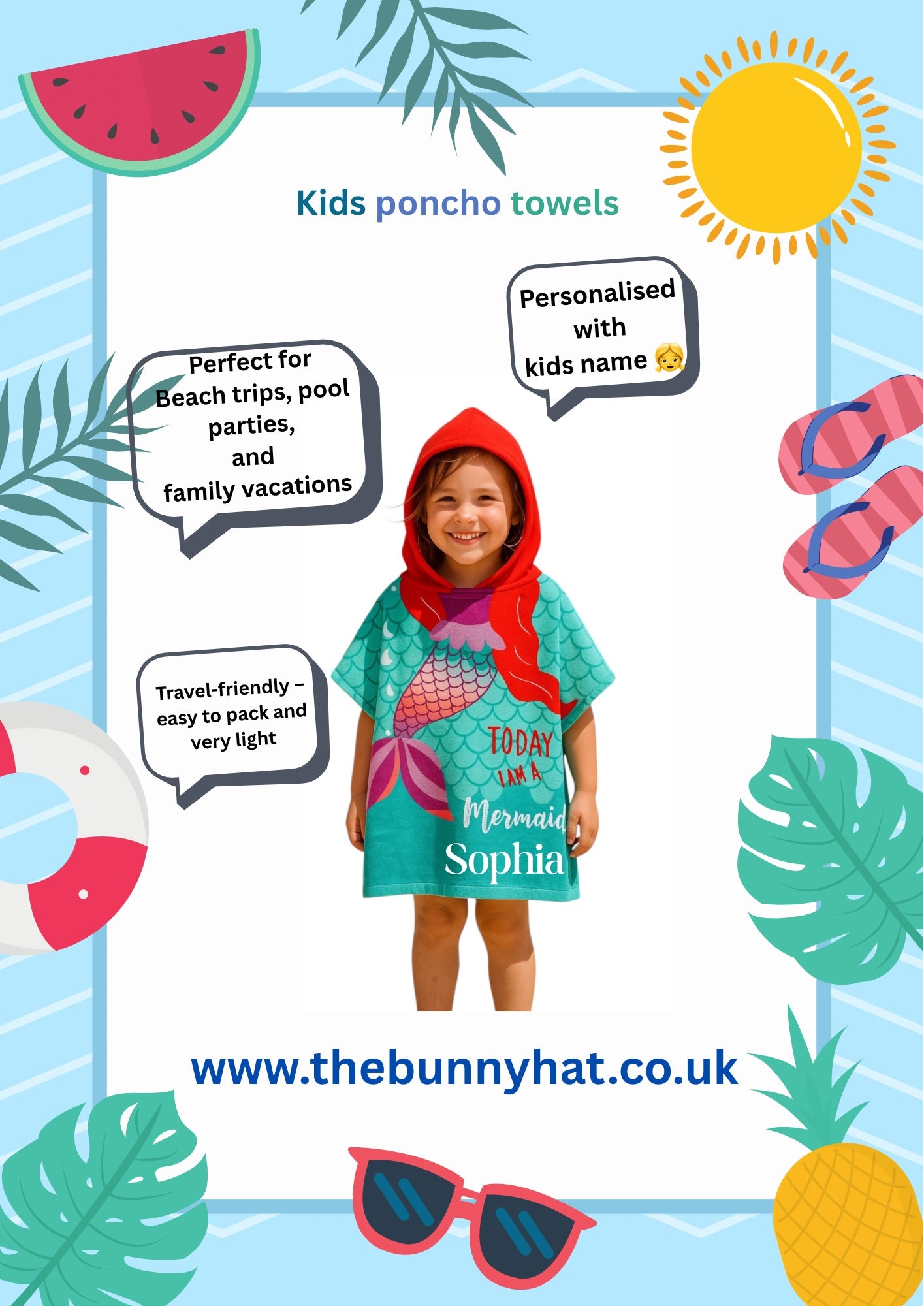 Kids Hooded Poncho Towel – Quick-Dry Microfibre Wrap for Beach & Pool | The Bunny Hat