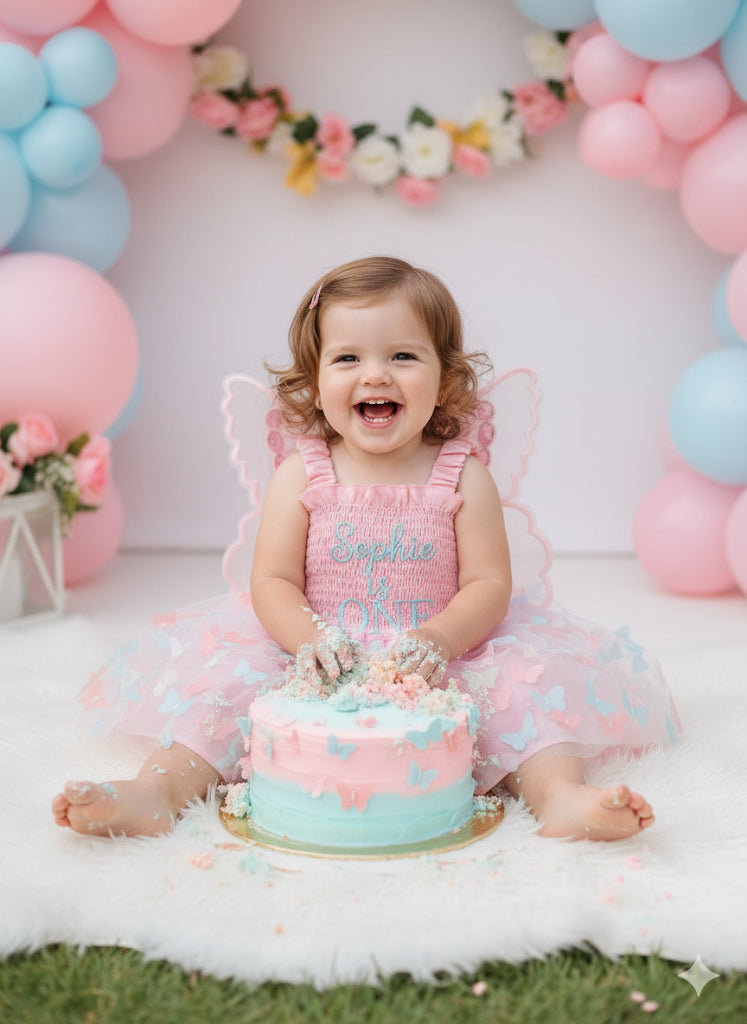 Custom Girls Birthday Dress UK | First Birthday Cake Smash Outfit | Personalised Embroidered Name