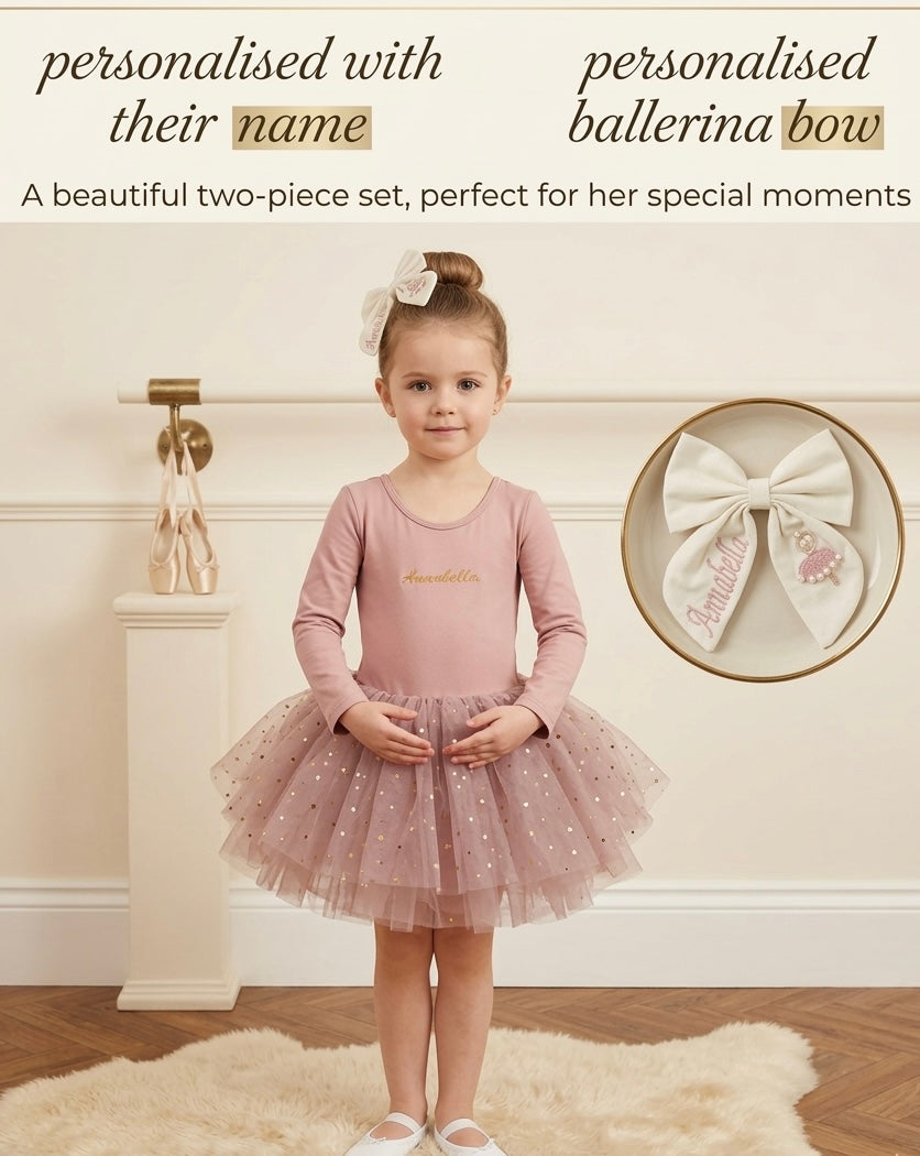 Personalised Girls Tutu Dress, Custom Embroidered Birthday Party Outfit, Toddler Ballet Dress and Hair Bow Set, Flower Girl Gift