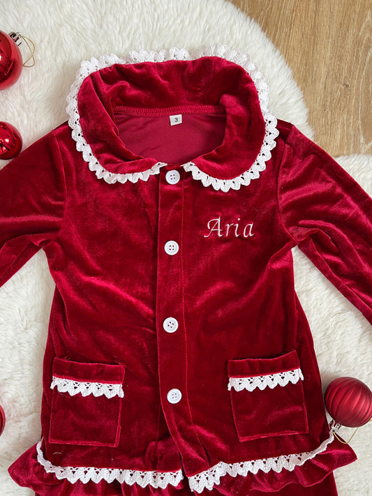 Personalized Velvet Christmas Kids Pyjamas Red Ruffle Pyjamas Set for Girls and Boys, Xmas Eve Personalized with Name Embroidery