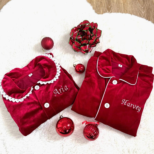1st Christmas, Personalized Red Christmas Family Matching Outfits - Festive Ruffle Set for Girls and Boys with Name Embroidery - Perfect for Christmas Eve