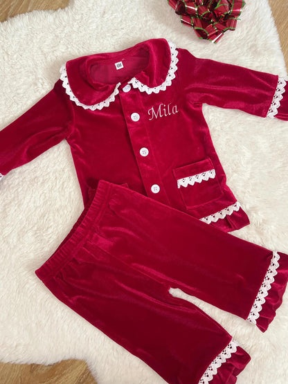 1st Christmas, Personalized Red Christmas Family Matching Outfits - Festive Ruffle Set for Girls and Boys with Name Embroidery - Perfect for Christmas Eve
